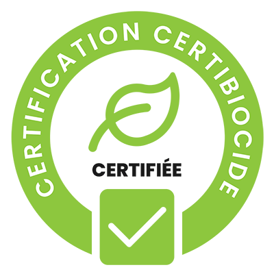 Macaron officiel de la certification Certibiocide